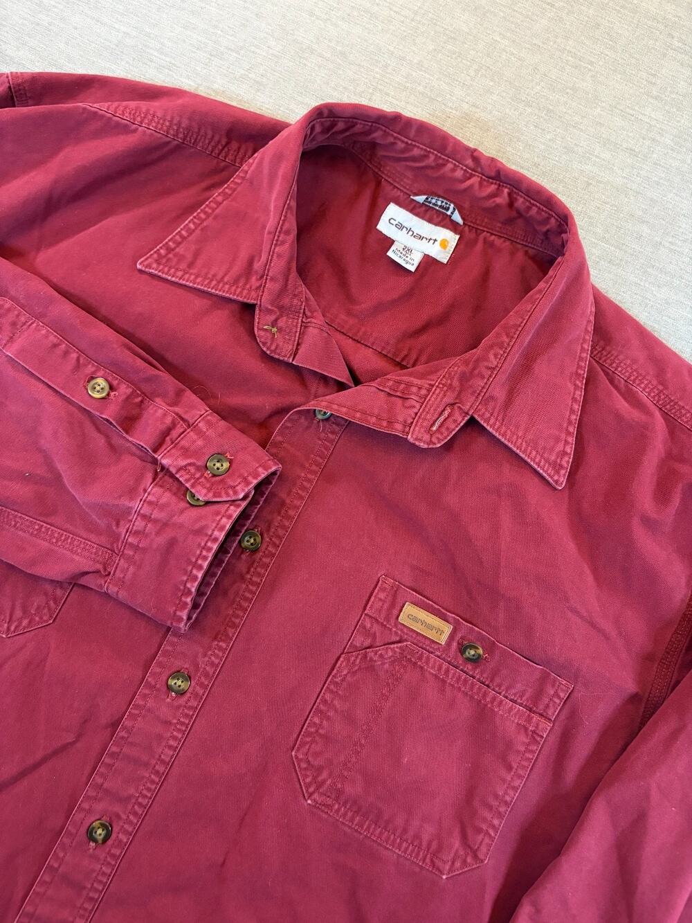 Carhartt Solid Red Longsleeve Button-Down Cotton Work Shirt XXL Heavyweight
